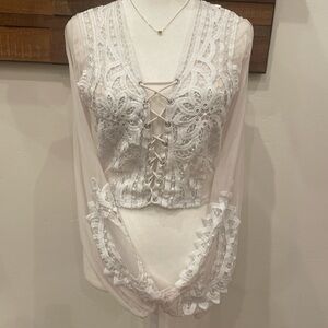 White Lace-Up Sheer Blouse